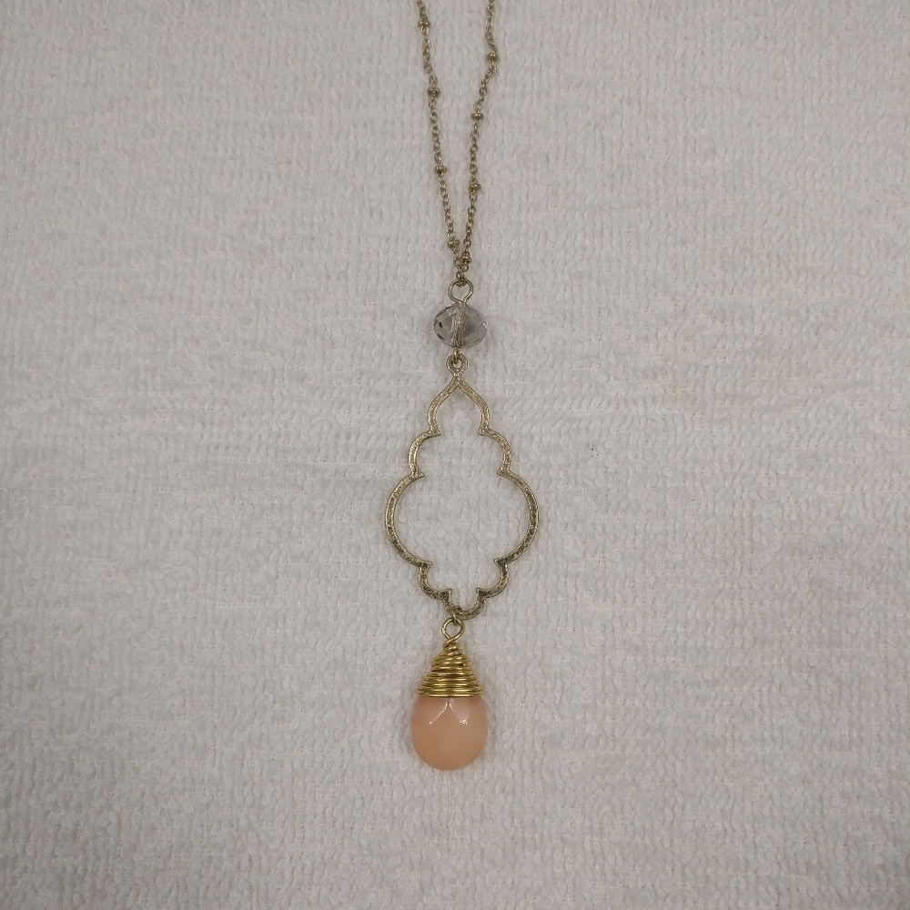 Gold coral gemstone wrapped long necklace